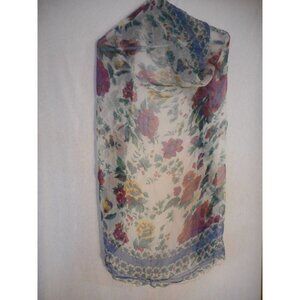 Vintage Sheer Red Blue Floral large square scarf  Estate Find